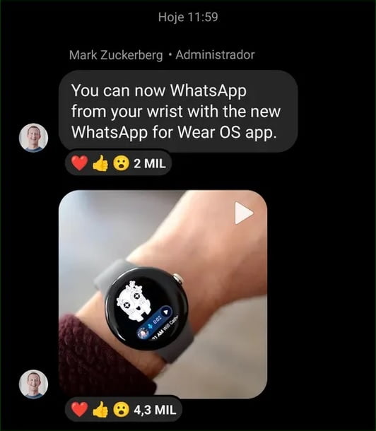  Mark Zuckerberg anuncia em suas redes sociais o whatsapp para relógios