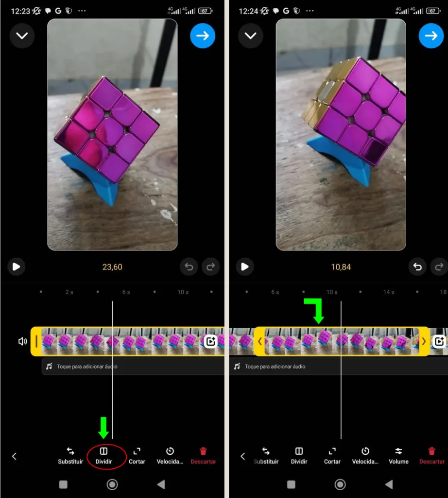 Vídeos no Instagram: ao tocar na linha do tempo, abre outras funções pra editar o vídeo