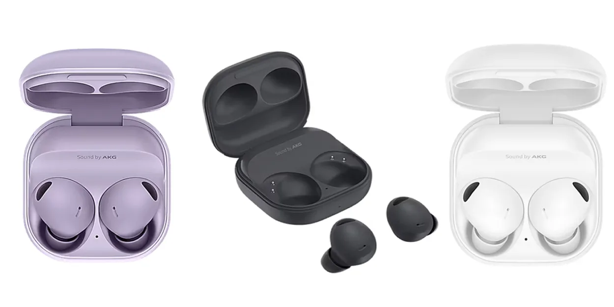 Galaxy Buds2 Pro com estojo de carregamento em cores diferentes.